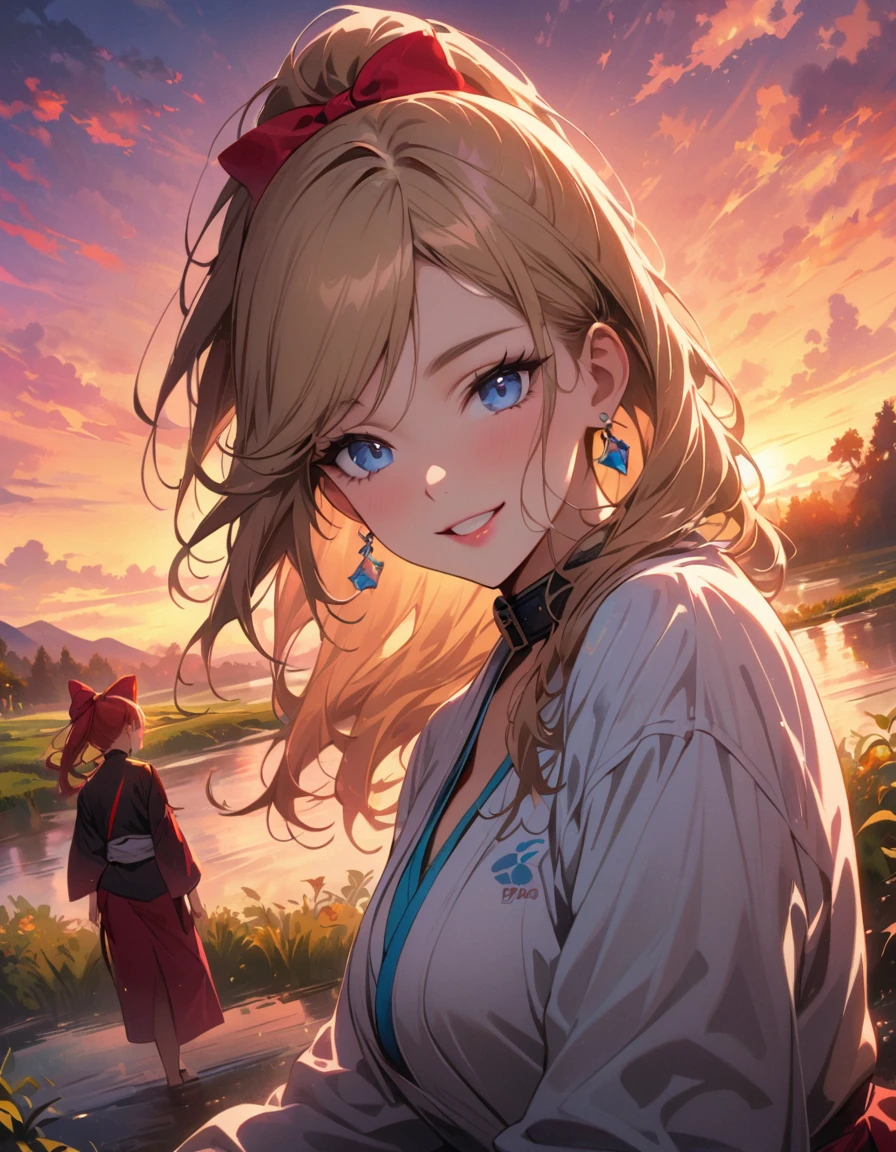 masterpiece, Super high quality CG, best quality, perfect picture, Colorful sunset,Lydia at the pond,beautiful details eyes,beautiful lips,earrings,collar,Blonde high ponytail,blue eyes,red hair bow,Smile,looking at the audience with joy,Wearing sexy karate costume