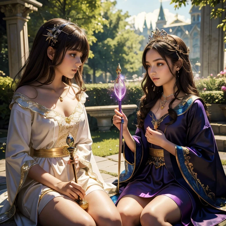 (​masterpiece, best quality:1.5), highest quality, High resolution, super detailed, Realists, Upper body photo of a brunette 14-year-old magical girl, detailed and beautiful eyes, beautiful detailed lips, very detailed eyes and face, longeyelashes, shiny satin dress, Holding a magic wand in your hand, Cast a transformation spell, A snake turns into a large mirror, Magic wands present and shiny, Beautiful and colorful makeup, elegant and noble々The jewelry bag, Gardens as background, soft daylight, bright colors, fine brushstrokes, Portrait style, Silk dress fabric, beautiful color palette, glowing skin, First-class rendering, that captures every detail, enchanting atmosphere, subtle shadows and lights, (perfect anatomy:1.2), (The two stunning 14 and 12 year old magical girls transform a snake into a mirror (a transformation with the magic wand:1.4), (magnificent panorama view:1.2)