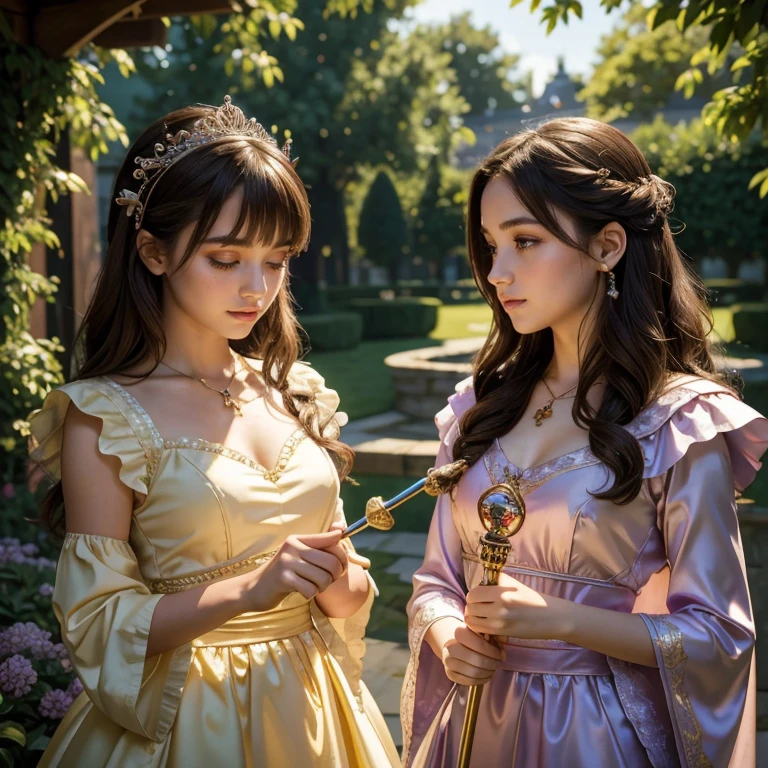 (masterpiece, best quality:1.5), highest quality, High resolution, super detailed, Realists, Upper body photo of a brunette 14 year old magical girl, detailed and beautiful eyes, beautiful detailed lips, very detailed eyes and face, longeyelashes, shiny satin dress, Holding a long magic wand in your hand, Cast a transformation spell, Glowing wands available, Beautiful and colorful makeup, elegant and noble々The jewelry bag, Gardens as background, soft daylight, bright colors, fine brushstrokes, Portrait style, Silk dress fabric, beautiful color palette, glowing skin, First-class rendering, that captures every detail, enchanting atmosphere, subtle shadows and lights, (perfect anatomy:1.2), (The two stunning 14 and 12 year old magical girls perform a transformation spell. Swing their long magic wands (a transformation with the magic wand:1.4), (magnificent panorama view:1.2)