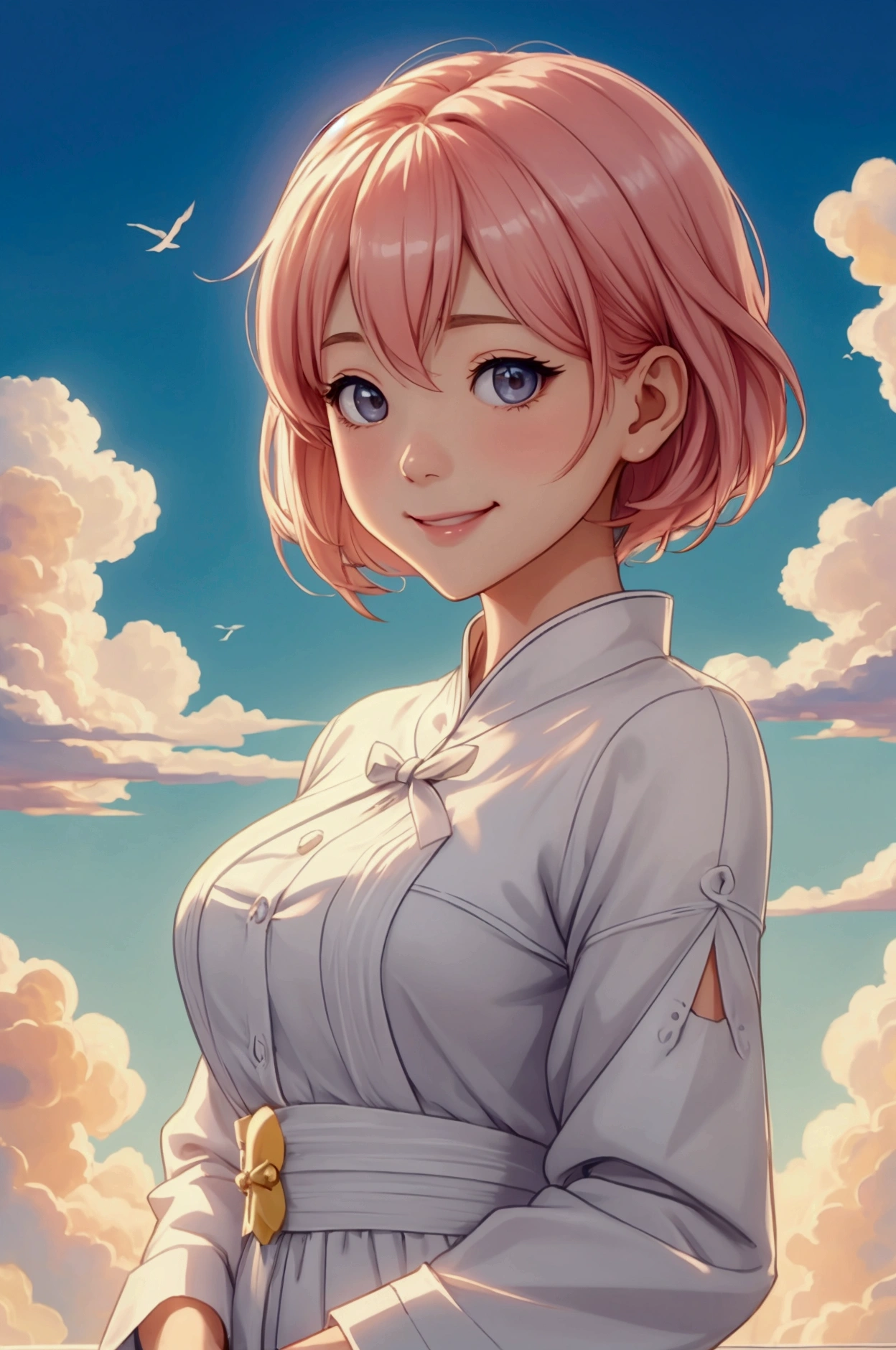 A refreshing woman、Shortcuts、smile、masterpiece, Highest quality, Movie stills, bright, Anime Style, Happy, shine、Age: 23、happiness、null、cloud、cloudの隙間から光が差し込む、Warm and soft lighting,