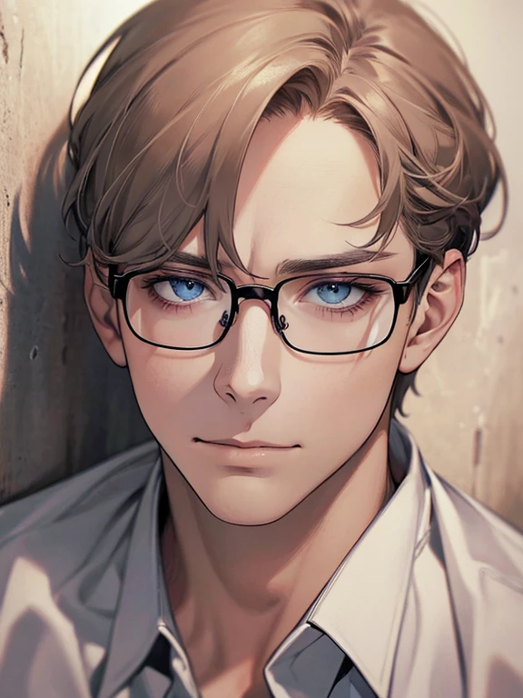 masterpiece, best quality, 1male mature, 32 years, gray brown hair, blue eyes, glasses, CEO, white shirt, mugshot, wall background, detailed eyes, detailed facial features, realistic and high resolution (best quality, 4k, 8k, highres, masterpiece:1.2)