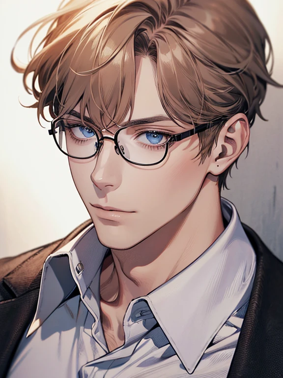 masterpiece, best quality, 1male mature, 32 years, gray brown hair, blue eyes, glasses, CEO, white shirt, mugshot, wall background, detailed eyes, detailed facial features, realistic and high resolution (best quality, 4k, 8k, highres, masterpiece:1.2)
