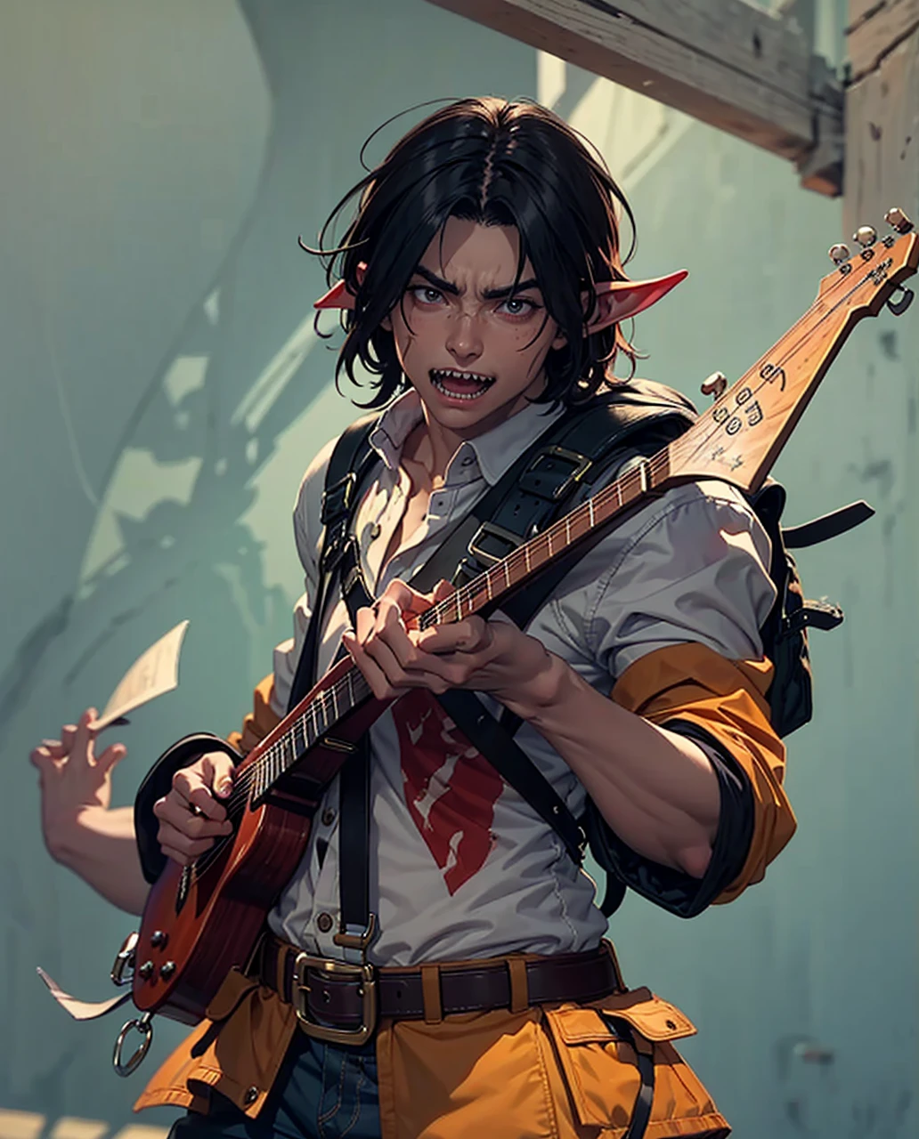 A masterpiece painting of a handsome hobgoblin, detailed goblin features including sharp teeth, pointed ears, red skin, and a cut over the left eye, strumming a lute, wearing a bard's jacket and doublet, with a sword on his back and a backpack, singing softly with a slim, attractive build
