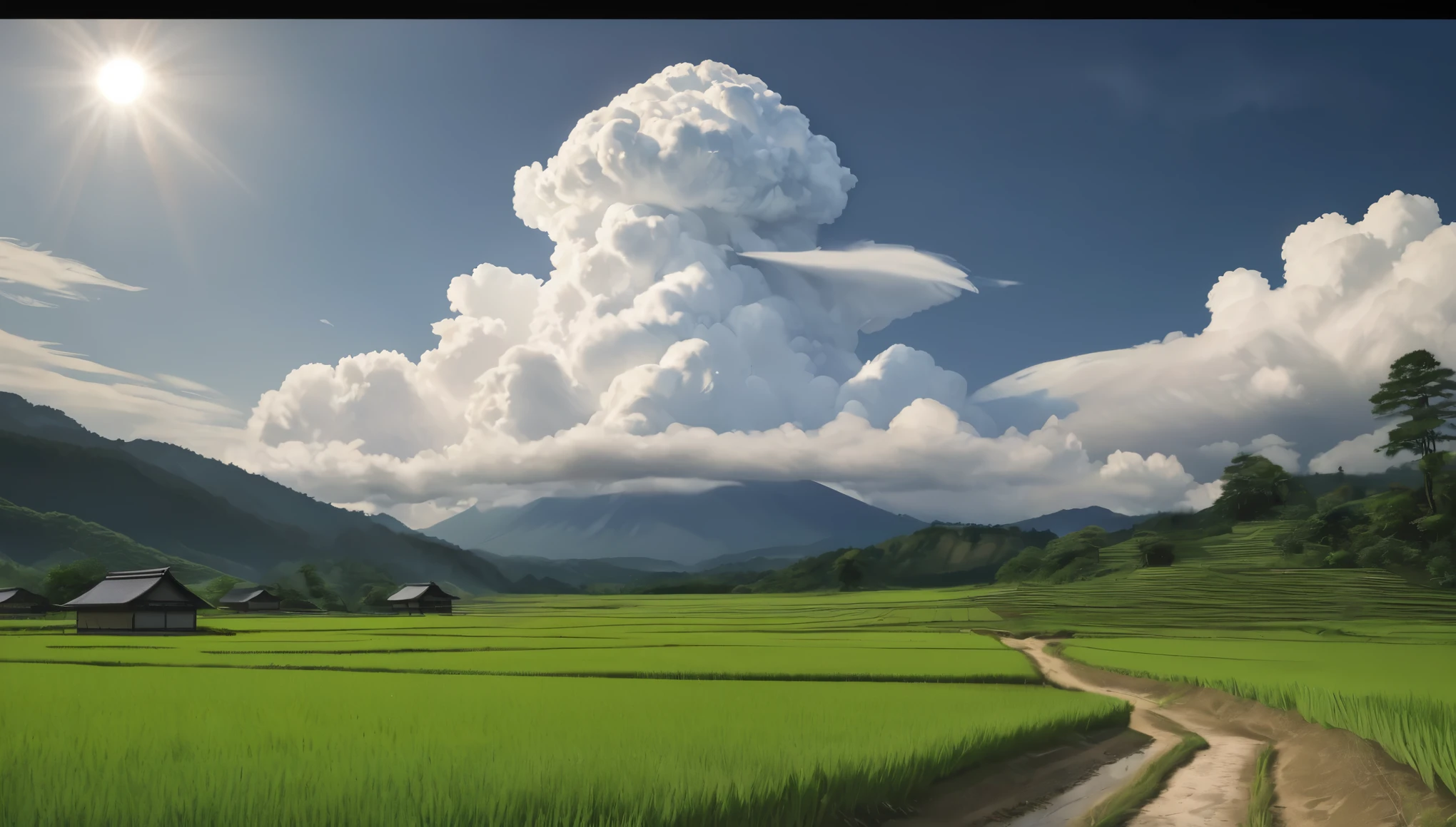 detailed traditional japanese rural landscape, rice fields, dirt paths, midsummer, sunny, cumulonimbus clouds, daytime, (best quality,4k,8k,highres,masterpiece:1.2),ultra-detailed,(realistic,photorealistic,photo-realistic:1.37),HDR,UHD,studio lighting,ultra-fine painting,sharp focus,physically-based rendering,extreme detail description,professional,vivid colors,bokeh,landscape