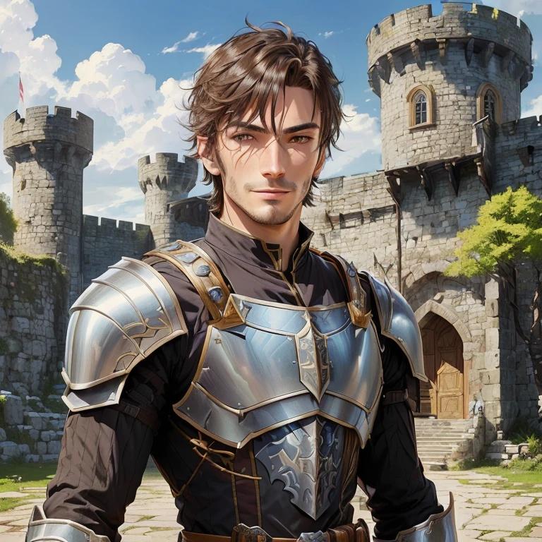 there is a man in armor standing in front of a castle, arsen lupin as a paladin, male paladin, casimir art, a human male paladin, official character art, epic rpg portrait, high detailed official artwork, official art, attractive male with armor, official character illustration, rugged male medieval knight, full portrait of magical knight, detailed character portrait