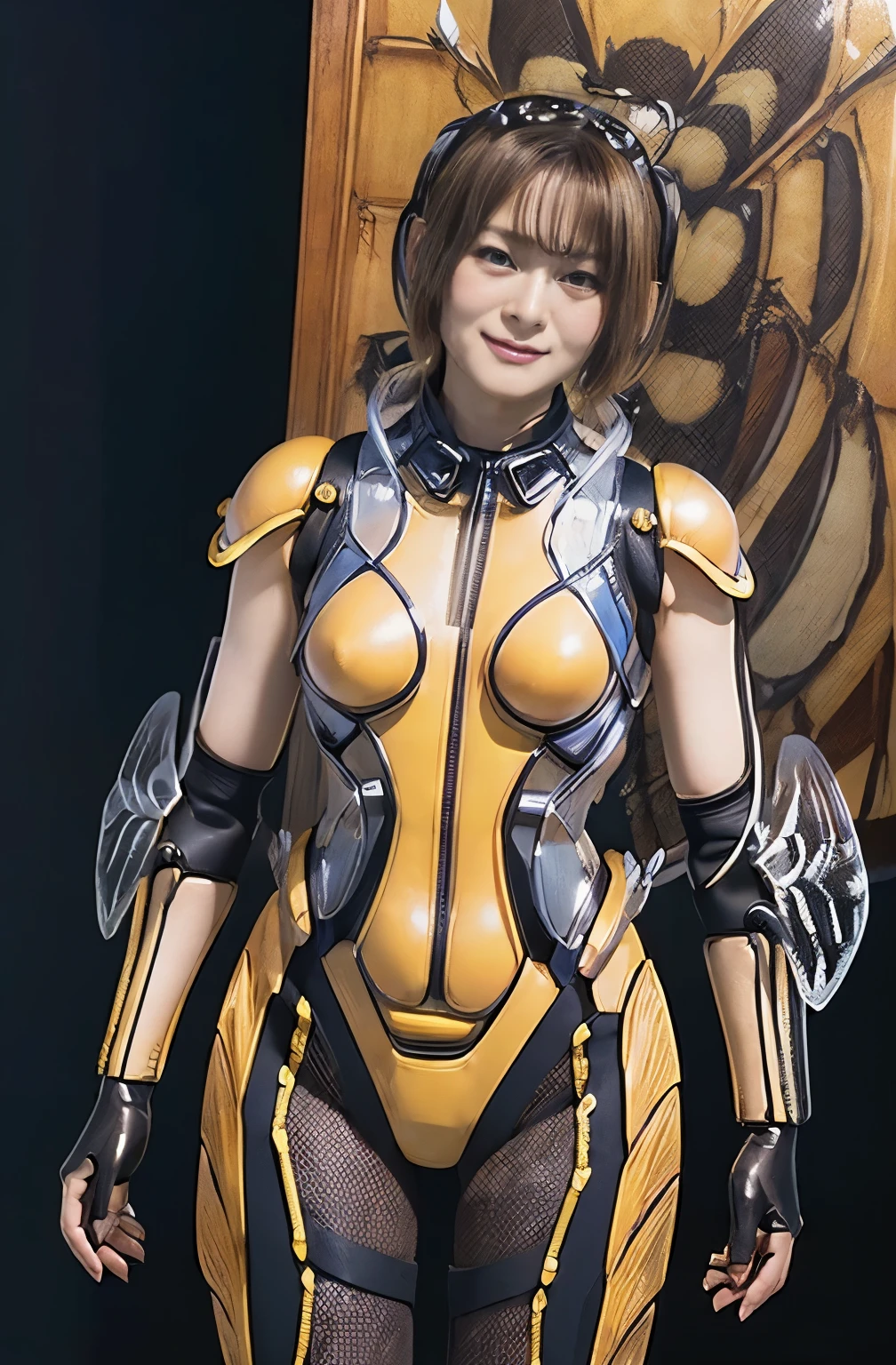 (high resolution,masterpiece,best quality,extremely detailed CG, anime, official art:1.4), realistic, photo, amazing fine details, all intricate, gloss and shiny,awesome many layers, 8k wall paper, 3d, sketch, kawaii, illustration,( solo:1.4), perfect female proportion,villainess, (fusion of queen bee and lady:1.4), (queen bee form lady:1.2), (queen bee lady:1.2), (fusion:1.2), (solo:1.4), (evil smile:1.2), muscular, abs, (queen bee exoskeleton bio insect suit:1.4), (cockroach brown exoskeleton bio insect armor:1.2), (brown transparency queen bee wing:1.4), (brown queen bee antennae:1.3),