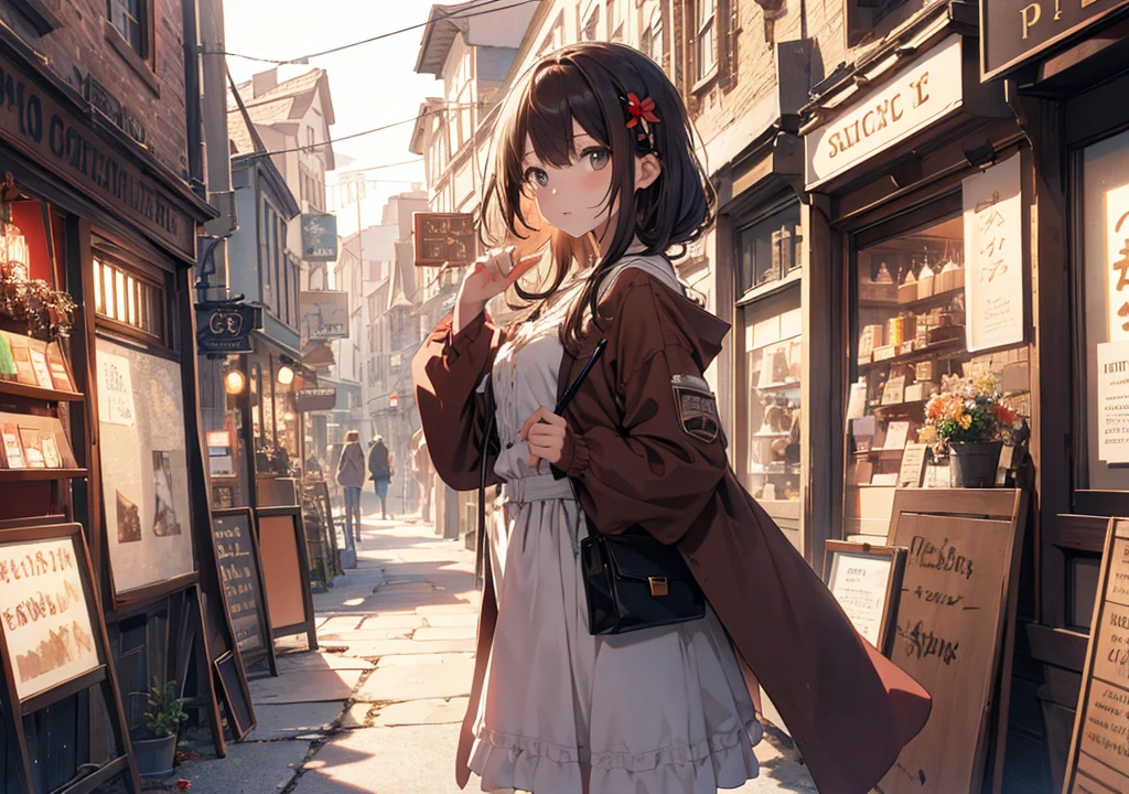 Realistic photos, Focus distance 10mm, Red and white, Beautiful girl, Realistic photos, Shooting at focus distance 10mm, masterpiece, 最high quality, high quality, Very detailed CG 8k wallpaper unit, Award-winning photography, Depth of written boundary, High resolution, bloom, chromatic aberration, Realistic, Very detailed, Art Station Trends, CGsociety Trends, Complex, High detail, dramatic, Art on the go, volumetric lighting, A beautiful girl in a brown robe window-shops at a magical goods store in Diagon Alley. In the background are a busy street and colorful signs