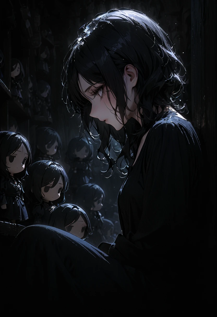 1porcelain doll, long black hair, detailed face, ((emotionless expression)), ((lifeless)), pale white skin, plain white eyes, long eyelashes, (gaze down), black eye liner, gray lipstick, black dress, medieval theme, (dark fantasy theme), cold lighting, blue lighting, dust, (sitting in dark conner of doll shop), (doll shelf), (porcelain doll), (masterpiece:1.2), super detailed, best quality, DeepNegative_xl_v1