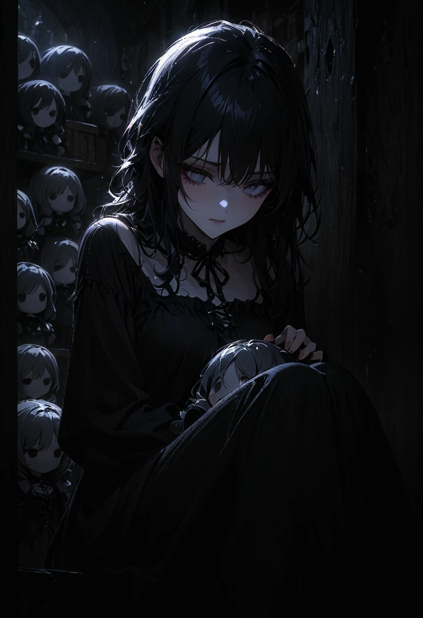 1porcelain doll, long black hair, detailed face, ((emotionless expression)), ((lifeless)), pale white skin, plain white eyes, long eyelashes, (gaze down), black eye liner, gray lipstick, black dress, medieval theme, (dark fantasy theme), cold lighting, blue lighting, dust, (sitting in dark conner of doll shop), (doll shelf), (porcelain doll), (masterpiece:1.2), super detailed, best quality, DeepNegative_xl_v1