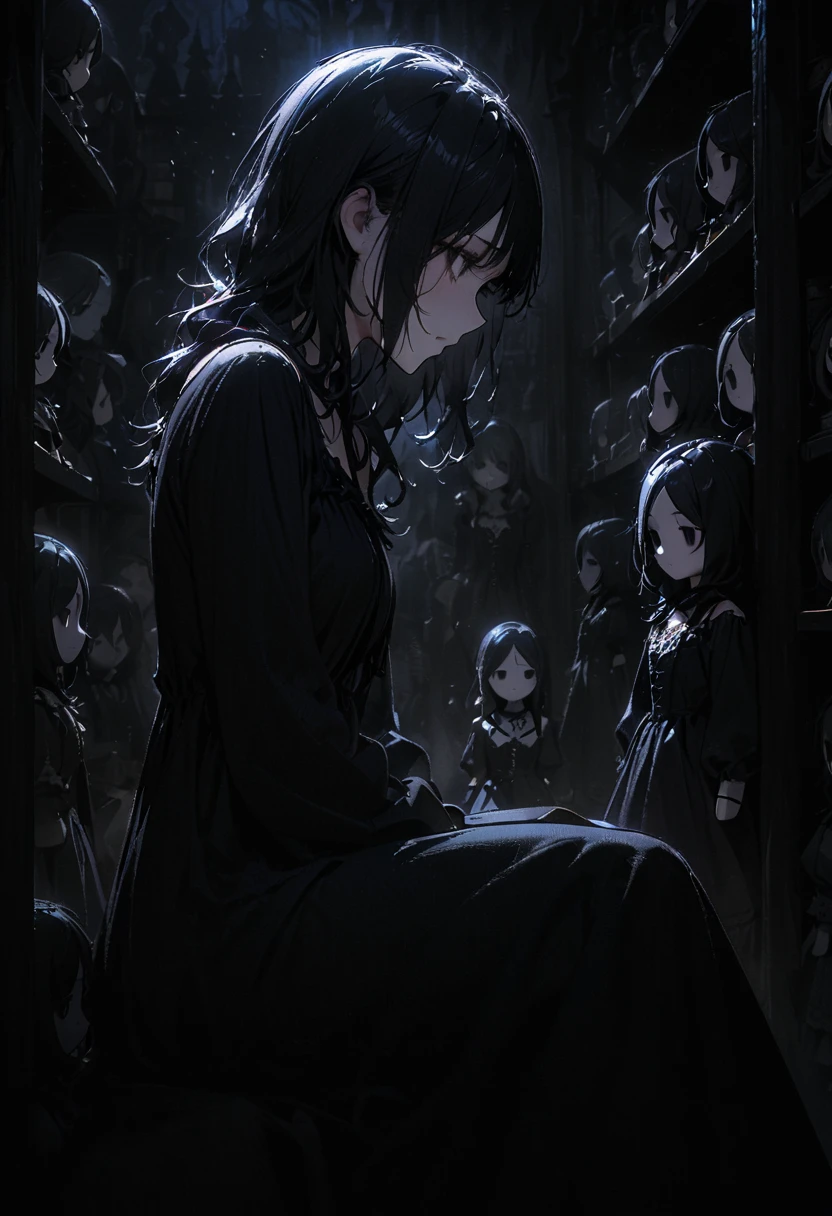 1porcelain doll, long black hair, detailed face, ((emotionless expression)), ((lifeless)), pale white skin, plain white eyes, long eyelashes, (gaze down), black eye liner, gray lipstick, black dress, medieval theme, (dark fantasy theme), cold lighting, blue lighting, dust, (sitting in dark conner of doll shop), (doll shelf), (porcelain doll), (masterpiece:1.2), super detailed, best quality, DeepNegative_xl_v1