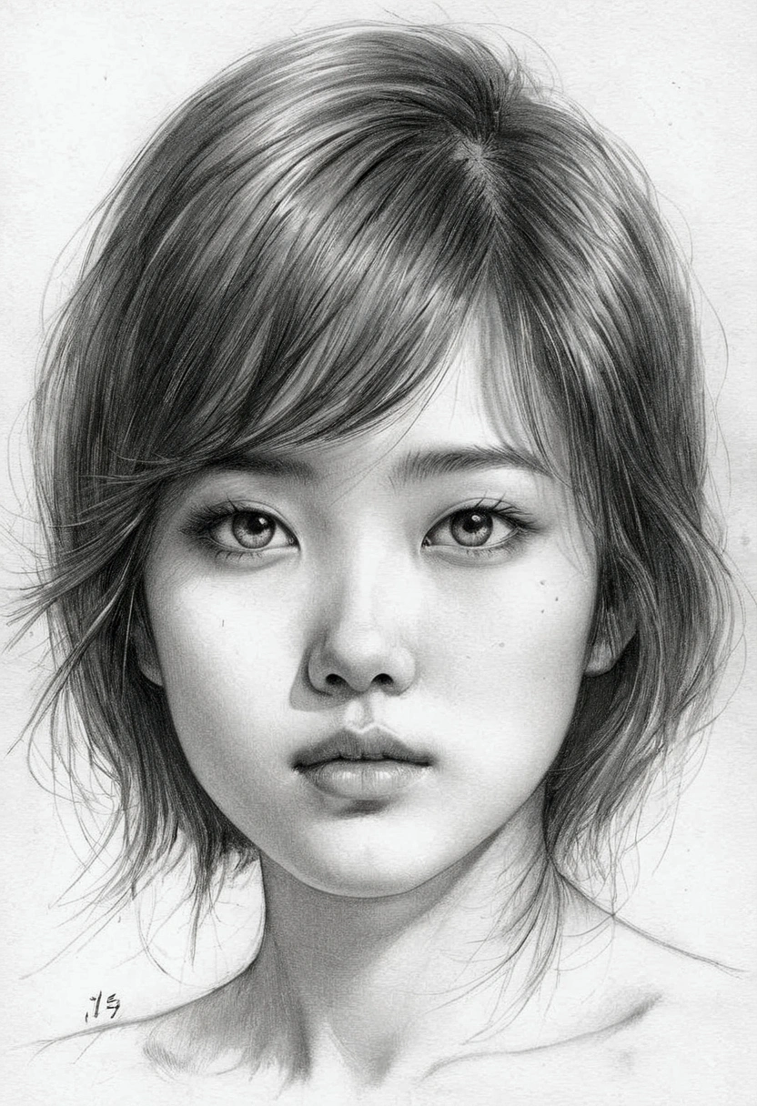 A delicate, graphite sketch shows a naked Japanese girl, her features rendered in subtle shading and precise lines. The framing is tight, focusing attention on the sweet beautiful serene face, very big eyes, thick and long eyebrow, very high nose, thin and wide lips. Soft, feathery strokes convey the gentle texture of her short hair, while the delicate curve of her neck is emphasized by the pencil's softness. The overall mood is contemplative.