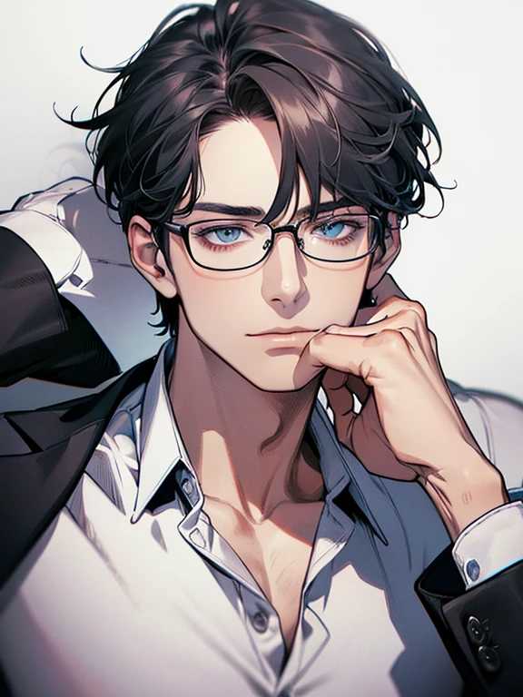 masterpiece, best quality, 1male mature, man, mature, 32 years, gray black hair, blue eyes, glasses, CEO, white shirt, mugshot, wall background, detailed eyes, detailed facial features, realistic and high resolution (best quality, 4k, 8k, highres, masterpiece:1.2)