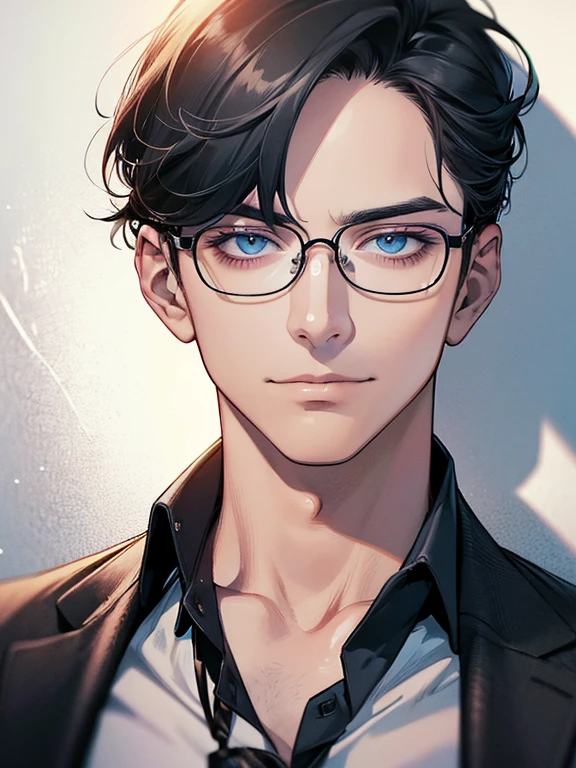 masterpiece, best quality, 1male mature, man, mature, 32 years, gray black hair, blue eyes, glasses, CEO, white shirt, mugshot, wall background, detailed eyes, detailed facial features, realistic and high resolution (best quality, 4k, 8k, highres, masterpiece:1.2)