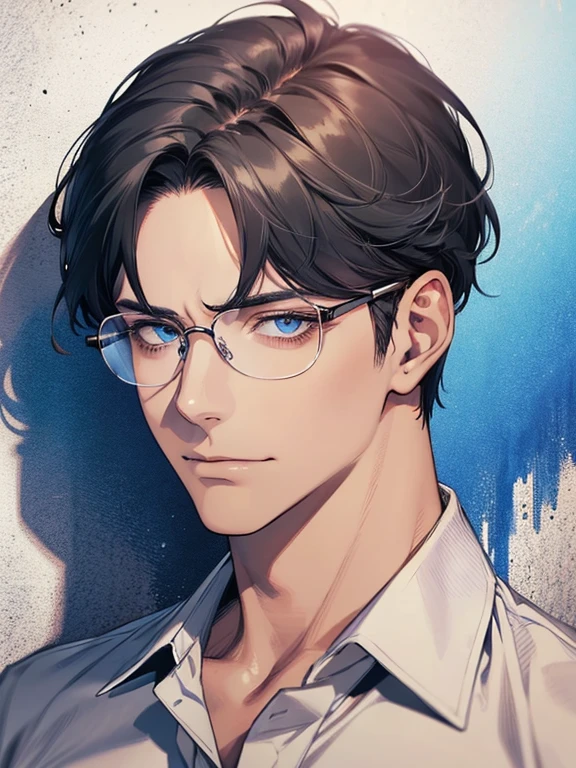 masterpiece, best quality, 1male mature, man, mature, 32 years, gray black hair, blue eyes, glasses, CEO, white shirt, mugshot, wall background, detailed eyes, detailed facial features, realistic and high resolution (best quality, 4k, 8k, highres, masterpiece:1.2)