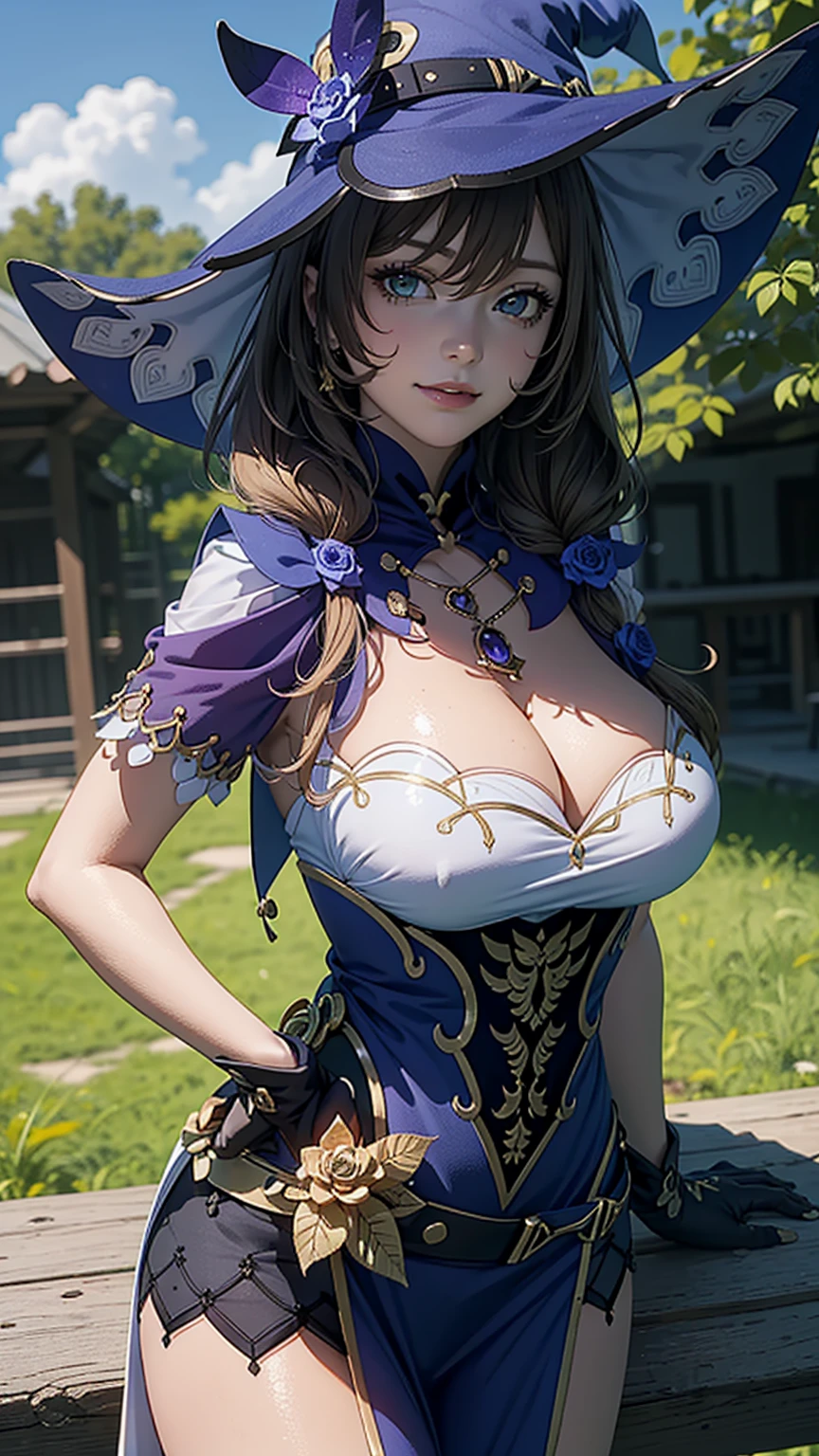 (Girl),(lisadef),masterpiece,huge breast, outdoors, looking at viewer, detail eyes, detail face, standing, smile, (from front:1.8), upper body shot,(detailed face), (cleavage),