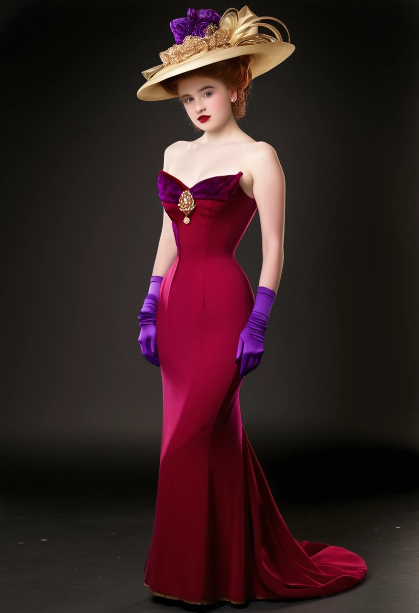 Jessica Rabbit as a sexy 15yo teenage Gibson Girl. Year 1904. Red dress, purple gloves, picture hat. Full body. Hourglass figure. Gorgeous, coquettish face. Gilded Age debutante ball