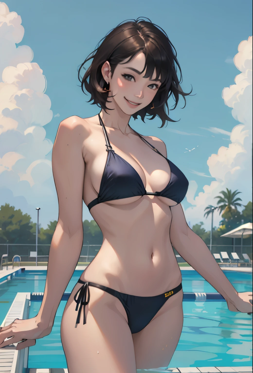 Realistic、Face reality、With a girl、Swimwear、Sexy smile、My breasts have gotten a little bigger、Sexy pose、High diving board、Brazilian Bikini、Less fabric area、