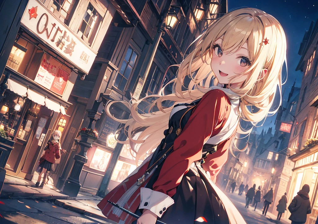 Realistic photos, Focus distance 10mm, Red and white, Beautiful girl, Realistic photos, Shooting at focus distance 10mm, masterpiece, 最high quality, high quality, Very detailed CG 8k wallpaper unit, Award-winning photography, Depth of written boundary, High resolution, bloom, chromatic aberration, Realistic, Very detailed, Art Station Trends, CGsociety Trends, Complex, High detail, dramatic, Art on the go, volumetric lighting, A beautiful blonde girl is laughing with her friends as she waves her wand in the streets of Hogsmeade village. In the background are cobbled streets and shops