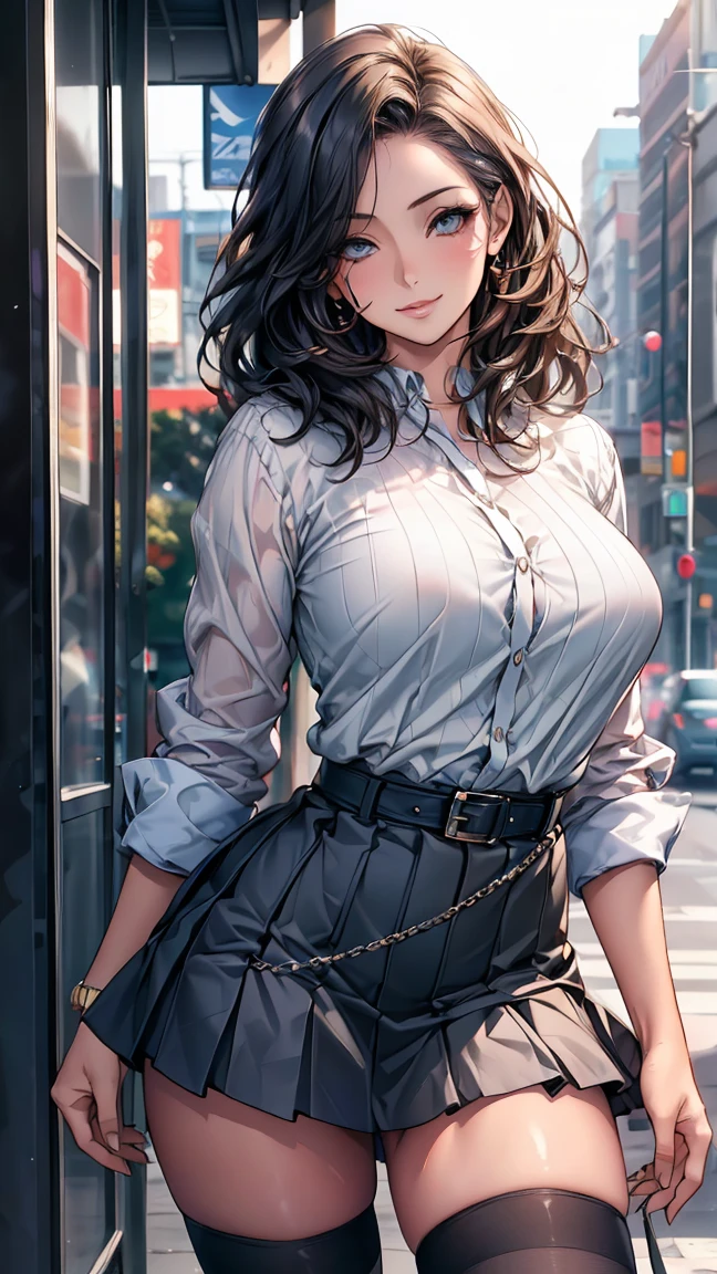(masterpiece:1.2, Highest quality), (Realistic, photoRealistic:1.4), Beautiful illustrations, (Natural Side Lighting, Cinema Lighting), Looking at the audience, Upper Body, (Front view), 1 girl, Perfect Face, Symmetrical cute face, Glowing Skin, Baby Face, Long eyelashes, (Large Breasts), (Wide Hips),Beautiful Hair, Beautiful Face, Beautiful and beautiful eyes, Beautiful body, Beautiful breasts, Beautiful thighs, Beautiful legs, Beautiful fingers,(Beautiful views),(Cute Smile:1.2, Superior),Knee socks,Layered skirt,(Belted:1.2),