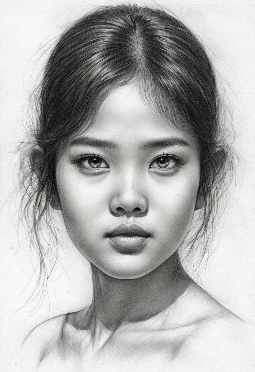 A delicate, graphite sketch shows a naked traditional Thai girl, her features rendered in subtle shading and precise lines. The framing is tight, focusing attention on the sweet beautiful serene face, very big eyes, thick and long eyebrow, very high nose, thin and wide lips. Soft, feathery strokes convey the gentle texture of her short hair, while the delicate curve of her neck is emphasized by the pencil's softness. The overall mood is contemplative. 