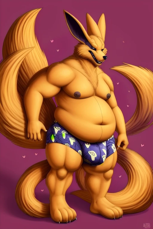 kurama, background, roar, Nine tails, A nine-tailed fox fat and big, big fox fat. 9 tails are corp and gos he has a lot of fat  no muscle he's not muscular he doesn't have muscles, he's fat obese fatty are body and full of fat, handjob in heart pattern boxers shirtless and cums everywhere big ass cute
he wears a underwear