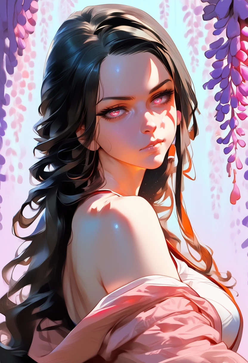 work of art, (pink kimono), alluring face, good lighting, neckleace, fine-details, work of art, glare eyes, 1 girl, Bblack hair, suction, nezuko kamado, wisteria background, work of art, best qualityer, ass pov,,