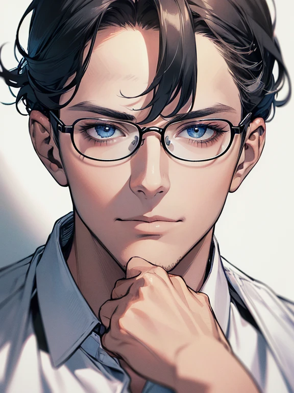 masterpiece, best quality, 1male mature, man, mature, 32 years, gray black hair, blue eyes, glasses, CEO, white shirt, mugshot, wall background, detailed eyes, detailed facial features, realistic and high resolution (best quality, 4k, 8k, highres, masterpiece:1.2)