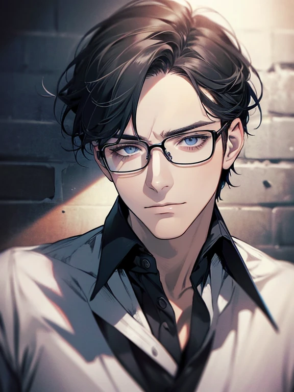masterpiece, best quality, 1male mature, man, mature, 32 years, gray black hair, blue eyes, glasses, CEO, white shirt, mugshot, wall background, detailed eyes, detailed facial features, realistic and high resolution (best quality, 4k, 8k, highres, masterpiece:1.2)