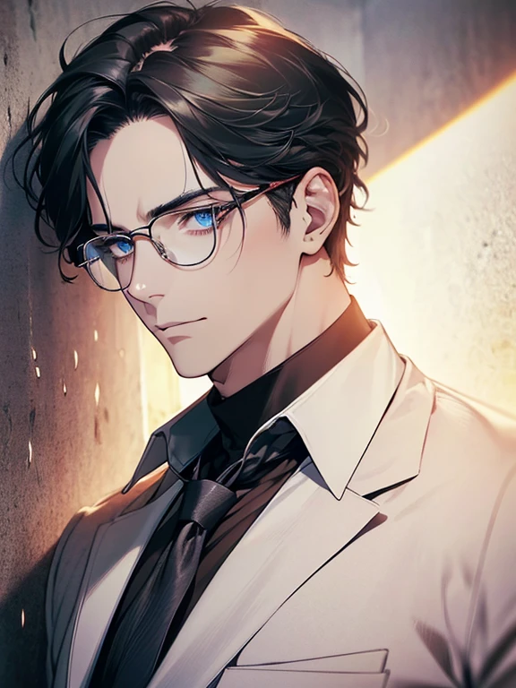 masterpiece, best quality, 1male mature, man, mature, 32 years, gray black hair, blue eyes, glasses, CEO, white shirt, mugshot, wall background, detailed eyes, detailed facial features, realistic and high resolution (best quality, 4k, 8k, highres, masterpiece:1.2)