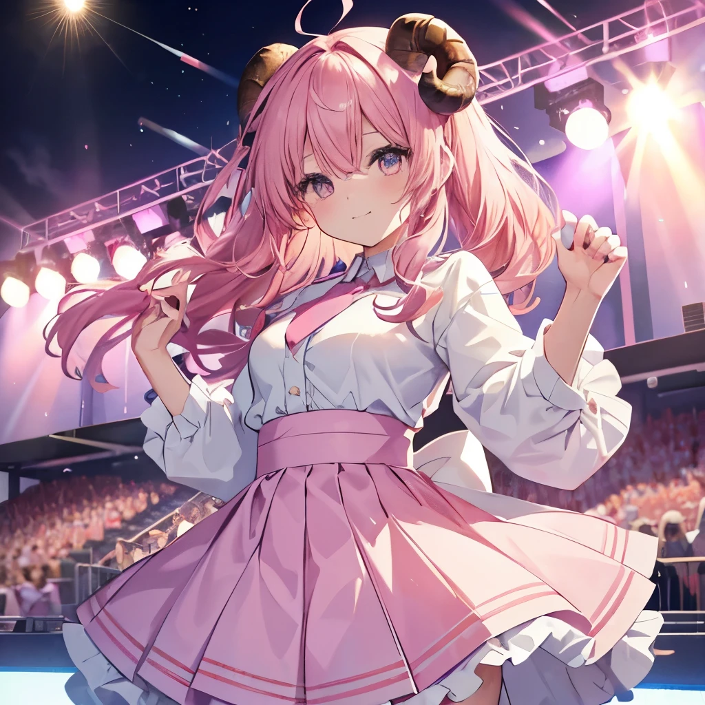 An anime-style illustration of ‘Fua-chan’ cosplaying as a member of Hinatazaka46. Fua-chan has distinctive features: long pink hair styled in soft curls resembling sheep’s horns, and pink eyes. She is depicted wearing a stylish and cute outfit inspired by the uniforms of Hinatazaka46, such as a pleated skirt, a blouse, and a ribbon or tie. Her expression is cheerful and energetic, capturing the lively and positive spirit of the idol group. The background shows a bright and colorful setting, perhaps with stage lights or an outdoor scene with blue skies and green fields, creating a vibrant and uplifting atmosphere. long skirt