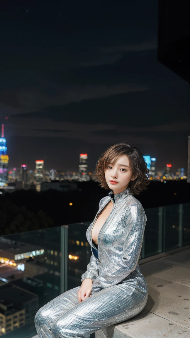 A stylish woman with short, curly hair, wearing a futuristic silver jumpsuit. sitting, hugging legs, rooftop in a bustling cityscape at night, with bright, colorful lights and towering skyscrapers in the background. The scene is vibrant and dynamic, with a focus on the citys energy and modern fashion.