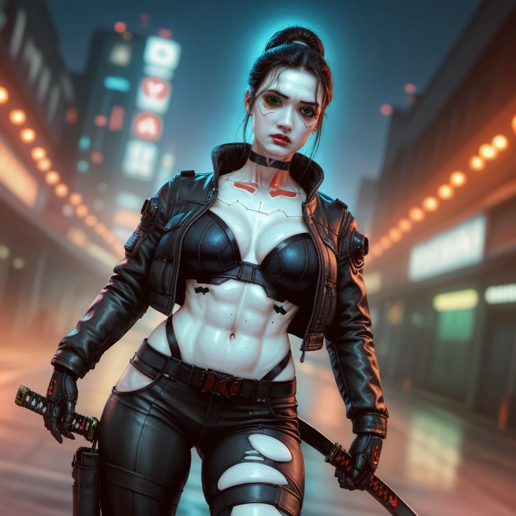 (masterpiece, best quality, 8k, sharp focus, depth of field, best shadows, perfect lights, HDR, realistic skin texture, hyper detailed background), Long Angle Shot, ((CYBERPUNK THEME)), solo, 1 woman, she is a mercenary, (green eyes, white skin, black hair with ponytail, choker, big breasts, slim, makeup, Eyeliner, gloss), she is doing a job on a futuristic korean city, holding a Tech-katana with a strong grip, night, sky, waning moon, wearing a nice exposing tech-jacket and leather ripped pants.