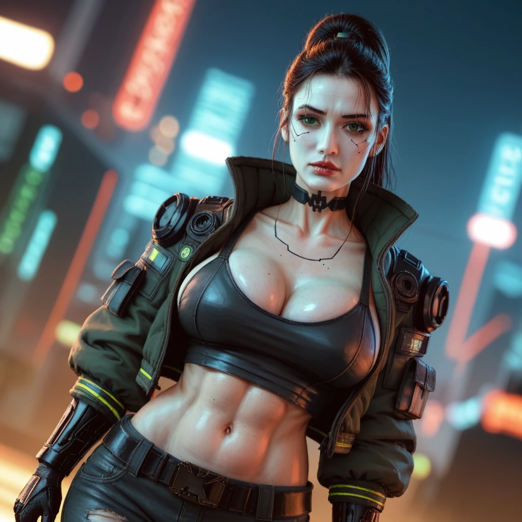 (masterpiece, best quality, 8k, sharp focus, depth of field, best shadows, perfect lights, HDR, realistic skin texture, hyper detailed background), Long Angle Shot, ((CYBERPUNK THEME)), solo, 1 woman, she is a mercenary, (green eyes, white skin, black hair with ponytail, choker, big breasts, slim, makeup, Eyeliner, gloss), she is doing a job on a futuristic korean city, holding a Tech-katana with a strong grip, night, sky, waning moon, wearing a nice exposing tech-jacket and leather ripped pants.