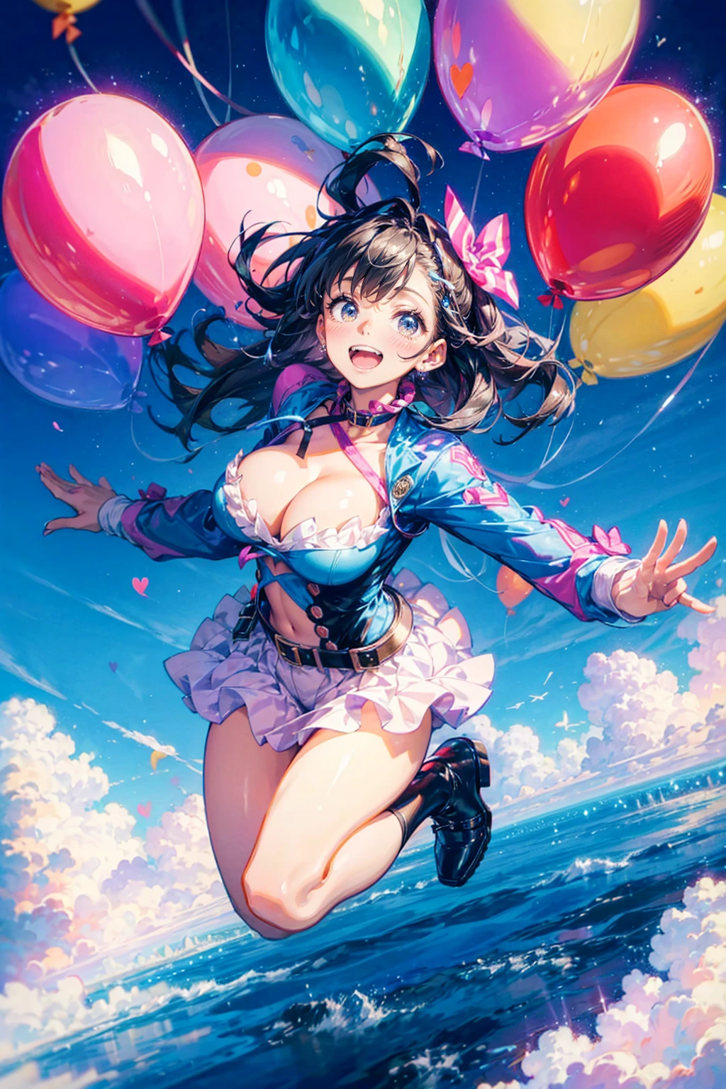 1girl,solo,cute,magician,colorful,she has a balloons,around balloons,big breast,cleavage,falling from sky,brilliant,vivid