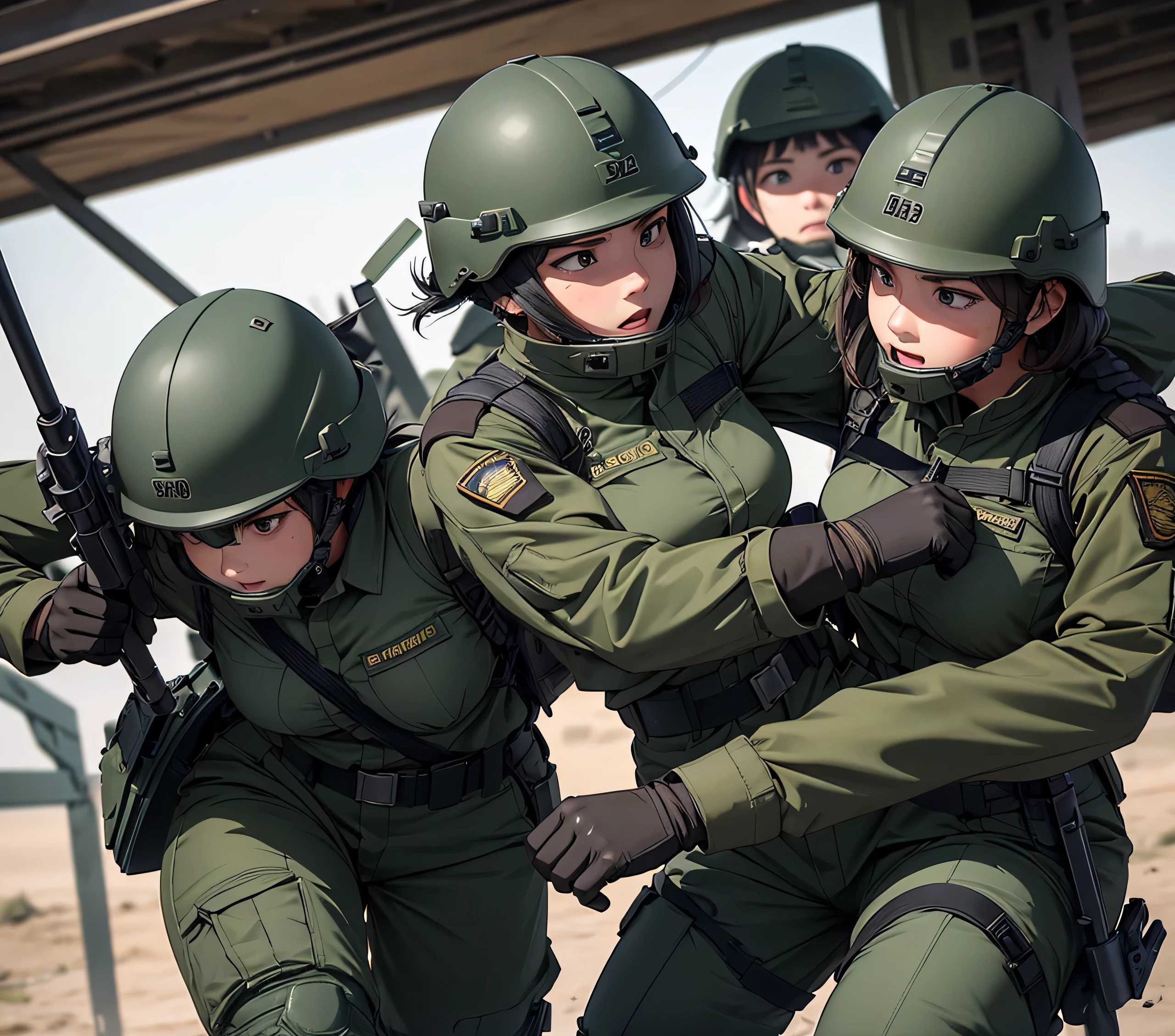 A group of female soldiers attacking each other、Wearing dark green M-51 military uniform、Wear a steel helmet、wear gloves、Military Pants、Knee pads、Write details、masterpiece、best quality、Highly detailed CG、8K picture quality