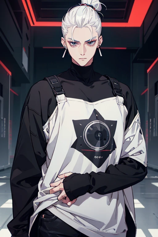 Anime man gradient young white hair low on shaved sides turns hair bun to the left side in the middle serious face with black earrings black sweatshirt Speed jeans futuristic clothes black dark circles under his eyes big black hair big brown hair extremely futuristic clothes futuristic clothes futuristic sweatshirt black skinny jeans male