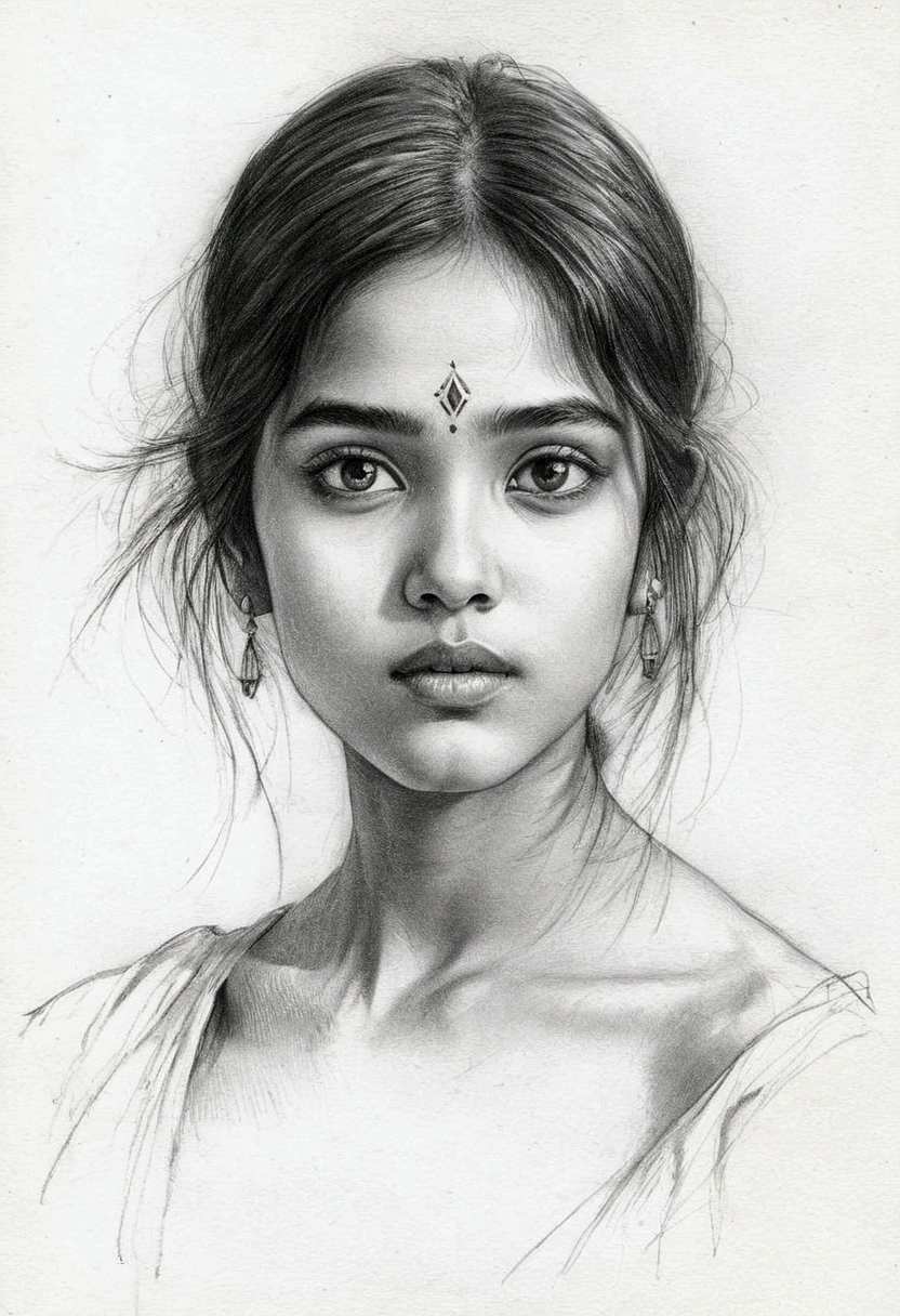 A delicate, graphite sketch shows a naked Indian girl, her features rendered in subtle shading and precise lines. The framing is tight, focusing attention on the sweet beautiful serene face, very big eyes, thick and long eyebrow, very high nose, thin and wide lips. Soft, feathery strokes convey the gentle texture of her short hair, while the delicate curve of her neck is emphasized by the pencil's softness. The overall mood is contemplative. 