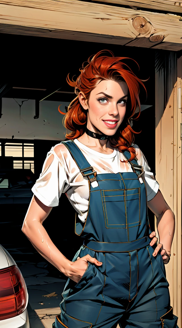 (detailded), beautfull woman, dark red hair, pale skin, wearing loose [blackw:dark blue:0.5] full wide jogging cargo pants [overalls|overalls], (loose, untucked t-shirt), branded clothing with yokohama logo, running neck brace, greasy skin, sweaty and dirty, shabby clothes, pretentious smile, parted lips, detailded wet hair, (running harness), grimy, auto mechanic, garage, ((high detailded skin, fur details)), detailded cloth folds, detailded cluttered busy small run down garage background, Inside the house, hand in pocket, 8k hd, dslr, high qualiy, film grain, (intricate lines:1) outlines, professional comic book style flat colors