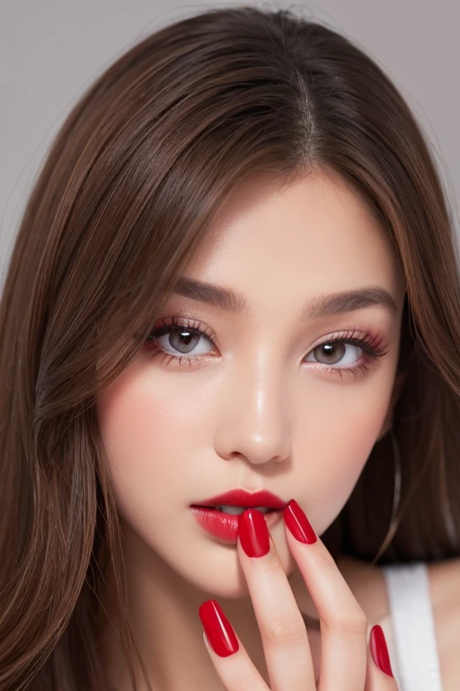 1girl, solo, brown_hair, nail_polish, lips, grey_eyes, makeup, lipstick, close-up, red_nails