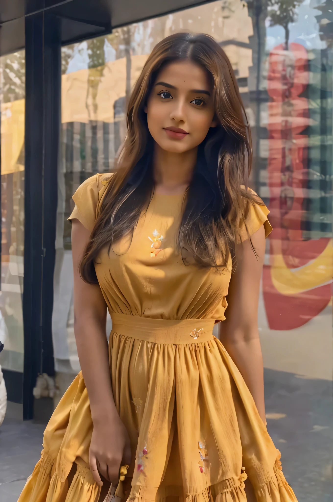 Portrait of A confident-looking indian girl with long flowing hair, hazel eyes, fair composition, hyperrealistic, super detailed, 8k, super high quality, trending art, fairy dres, yellow dress, showing hip, medium breasts, day light, sun