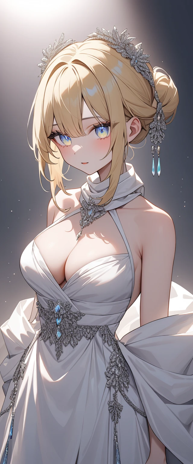 とても薄い服を着た豊満な体の女god god様 god々Shii ギリシャgod話 godの装飾 Big iridescent eyes Blonde hair behind2The hair is tied into a bun. Tactile Hair An oversized dress made of fabric that crosses over the neck There are folds in the clothes Cleavage Very detailed Pure white cloth mini skirt Upper Body Wearing gorgeous decorations