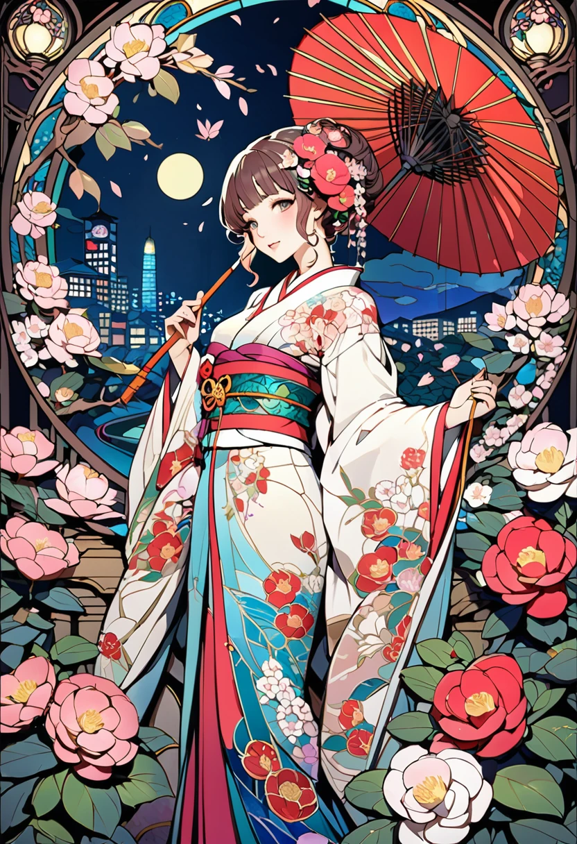 Mucha style, Kimono women, whole body, Hairpin, Lantern, Night cityscape, cherry blossoms, camellia, Stained Glass