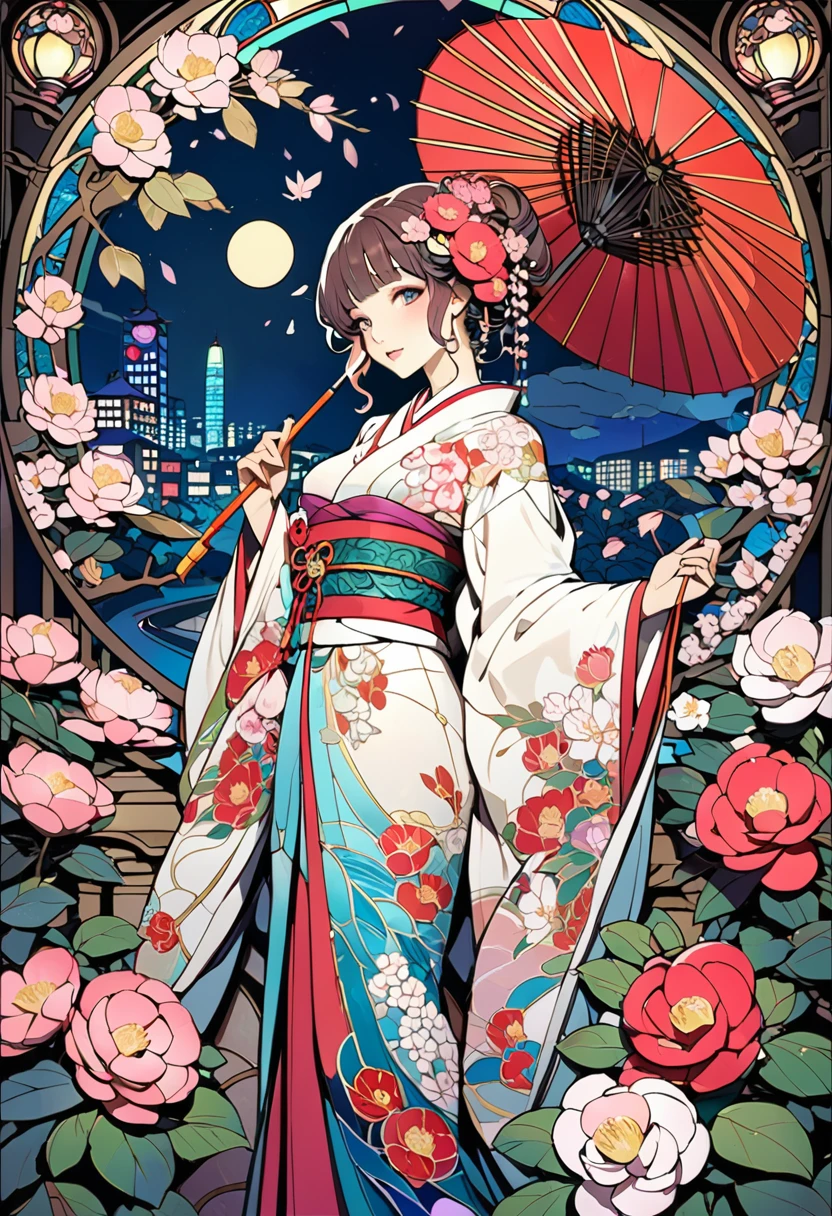 Mucha style, Kimono women, whole body, Hairpin, Lantern, Night cityscape, cherry blossoms, camellia, Stained Glass