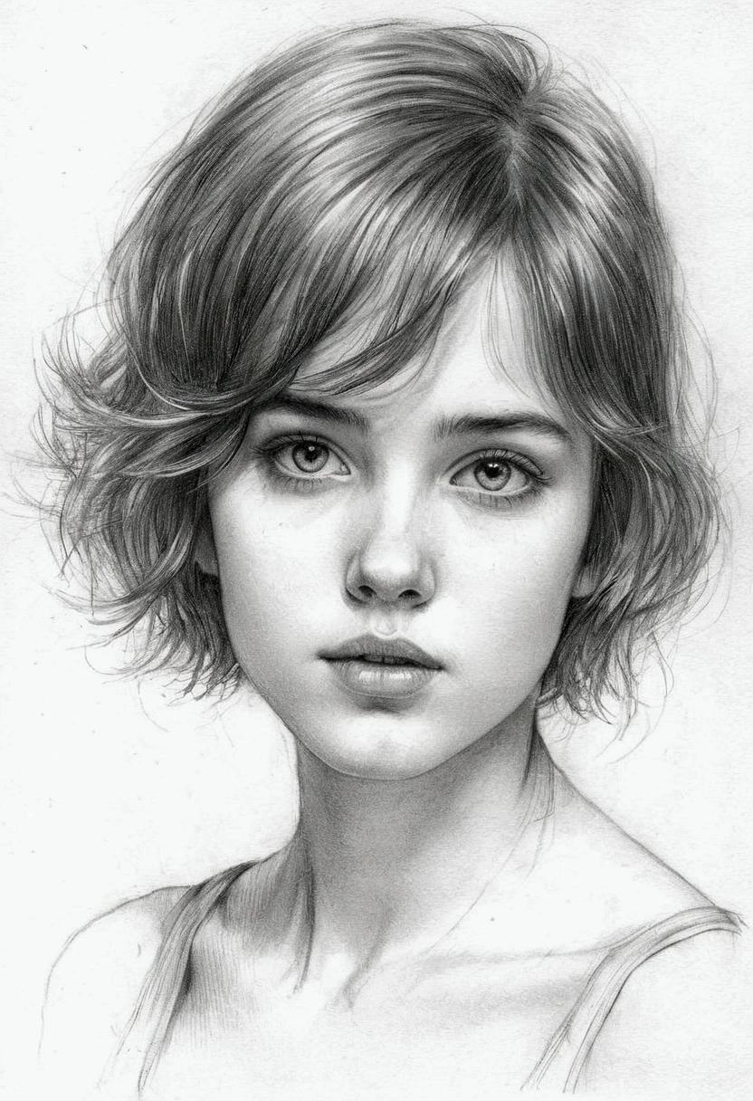 A delicate, graphite sketch shows a naked French girl, her features rendered in subtle shading and precise lines. The framing is tight, focusing attention on the sweet beautiful serene face, very big eyes, thick and long eyebrow, very high nose, thin and wide lips. Soft, feathery strokes convey the gentle texture of her short hair, while the delicate curve of her neck is emphasized by the pencil's softness. The overall mood is contemplative. 