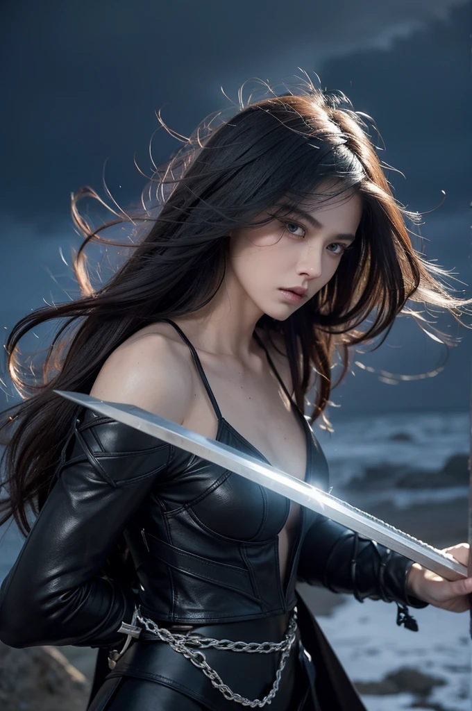 Tall, 25-year-old, female, human, lean, athletic build, piercing storm-gray eyes, raven hair, wild tangle, long scar, lean muscular torso, unbuttoned heavy armor, graceful warrior, reclusive mage upbringing, wields "Stormbringer" sword, fierce protector, stoic, strong sense of justice, dry humor, soft spot for stray animals.