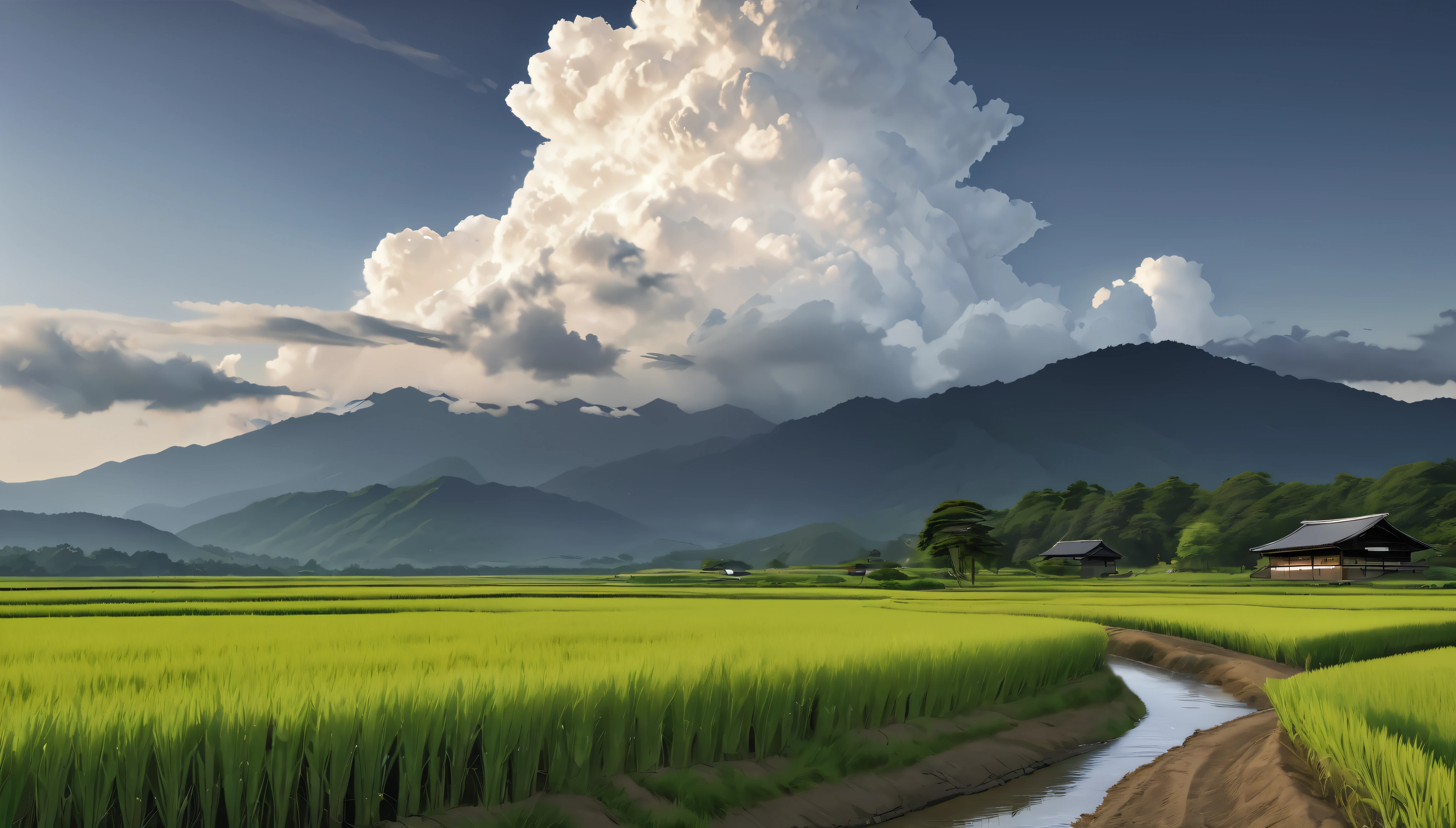 detailed traditional japanese rural landscape, rice fields, dirt paths, midsummer, sunny, cumulonimbus clouds, daytime, (best quality,4k,8k,highres,masterpiece:1.2),ultra-detailed,(realistic,photorealistic,photo-realistic:1.37),HDR,UHD,studio lighting,ultra-fine painting,sharp focus,physically-based rendering,extreme detail description,professional,vivid colors,bokeh,landscape