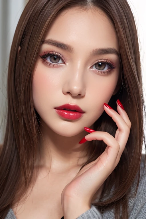 1girl, solo, brown_hair, nail_polish, lips, grey_eyes, makeup, lipstick, close-up, red_nails