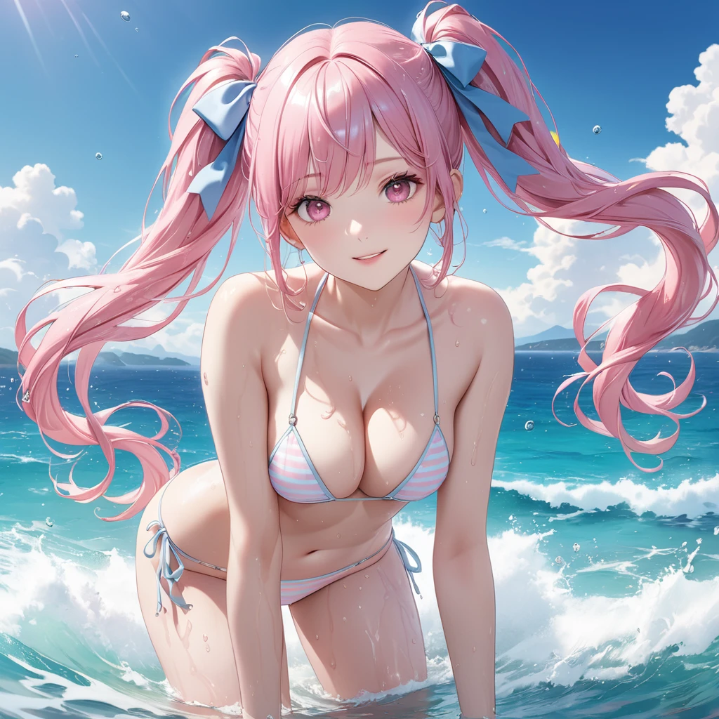 (8K, masutepiece, Best Quality, Official art, beautiful detailed, beautiful lighting, best masterpiece in history that exceeds limits), (1 Girl, Solo), (), (beautiful detailed face), (wet shiny white skin), (Beautiful big bust, cleavage, thighs:1.3), (beautiful detailed pink twin tails hair, Bangs:1.3), (pastel blue cute ribbon), (beautiful detailed drooping pink eyes:1.5), (see through wet plain white T-shirt, short sleeves long length:1.3), (white and pastel blue horizontal stripes micro bikini, side-tie_bikini_bottom, pastel blue ribbon:1.3), (happy smile:1.2), (standing, sensational, Attractive, Look at the camera, cute pose), breathtaking scenery, (ultra detailed Beautiful sea, blue sky:1.3)