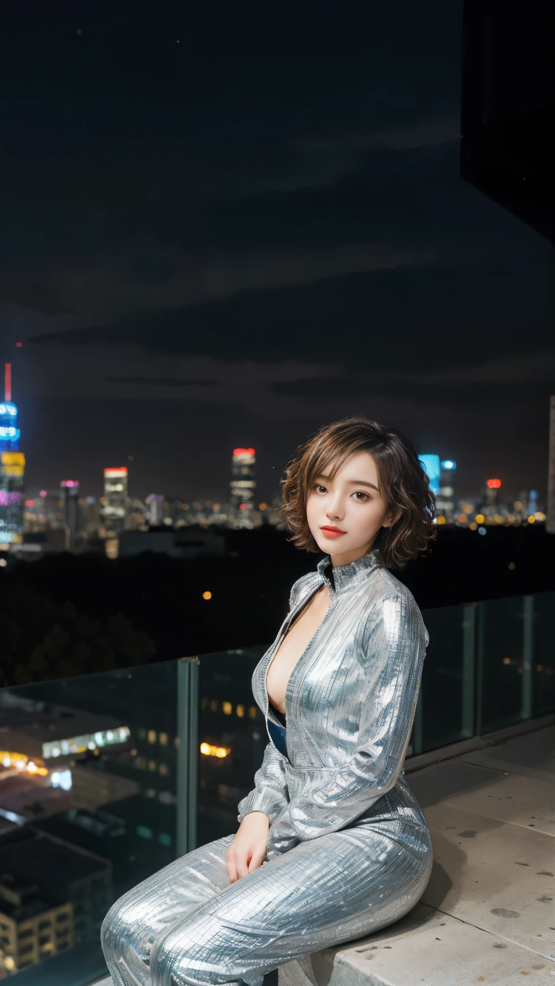 A stylish woman with short, curly hair, wearing a futuristic silver jumpsuit. sitting, hugging legs, rooftop in a bustling cityscape at night, with bright, colorful lights and towering skyscrapers in the background. The scene is vibrant and dynamic, with a focus on the citys energy and modern fashion.