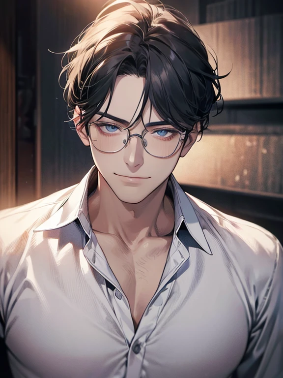 masterpiece, best quality, 1male mature, man, mature, 32 years, gray black hair, blue eyes, glasses, CEO, expression smile in love, white shirt, mugshot, wall background, detailed eyes, detailed facial features, realistic and high resolution (best quality, 4k, 8k, highres, masterpiece:1.2)